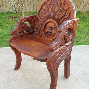 Vintage CARVED WOOD SUN FACE CHAIR Mid Century FOLK ART FURNITURE Mexican Modern