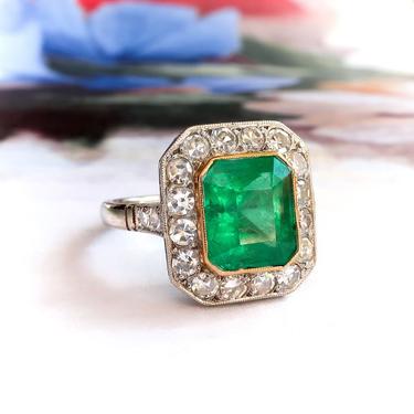 Vintage French Art Deco 1930's 3.86 ct t.w. Natural Emerald Cut Emerald Single Cut Diamond Halo Ring Platinum 18K 