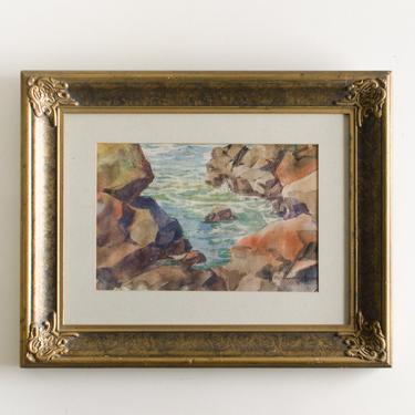 Vintage Original Watercolor Painting Florence Cunningham Frame Signed Art of Carmel Valley CA Cliff Rock Ocean 