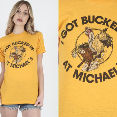 80s Western Bull Riding Fighter T Shirt Vintage 80s I Got Bucked Up Cowboy T Shirt Rodeo Life 2 Sided 50 50 Yellow Girls Mens Tee T Shirt 