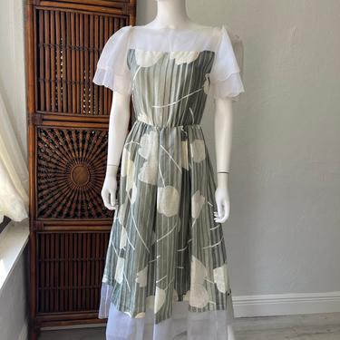 Vtg 80s Joan Leslie for Kasper Linen Organza Puff Sleeve Dress 