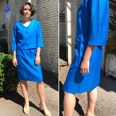 Electric Blue| Silk Suit |Pencil skirt &amp; jacket |1960's | true Vtg |Madmen style| small 