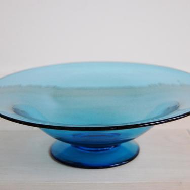 Vintage Transparent Celeste Blue Hand Blown Footed Glass Bowl Center Piece 
