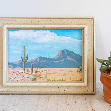 Small Pastel Oil Desert Painting with white washed frame - Saguaro Valley 