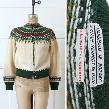vintage 1950s wool cardigan • hand knit Oslo, Norway puff sleeve sweater in ivory & green 