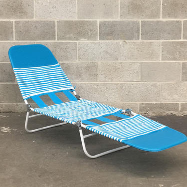 Vintage Vinyl Chaise Lounge Retro 1990s Lawn Furniture +Teal + White + Outdoor Seating + Warm Weather + Patio + Pool + Beach + Folds Up + 