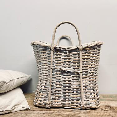 Large Grey Basket with Handles | Kindling Basket | Blanket Basket | Dog Toy Basket | Small Hamper | Rustic Trash Can | French Farmhouse 