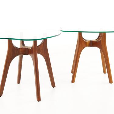 Adrian Pearsall Style Mid Century Walnut and Glass Stingray End Tables - A Pair - mcm 