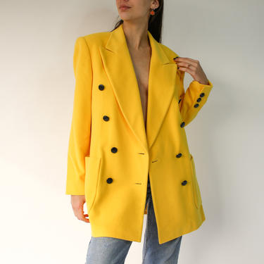 Vintage 90s Escada Canary Yellow Angora Drop Lapel Double Breasted Power Blazer | Made in Germany | DEADSTOCK | 1990s ESCADA Designer Jacket 