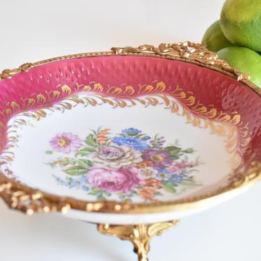 9&amp;quot; Rare Limoges Mauve Pink Blue Gold Floral Rose Gilt Metal Brass Framed Bowl | Porcelain Cabinet Plate | French Ceramic | Housewarming Gift 
