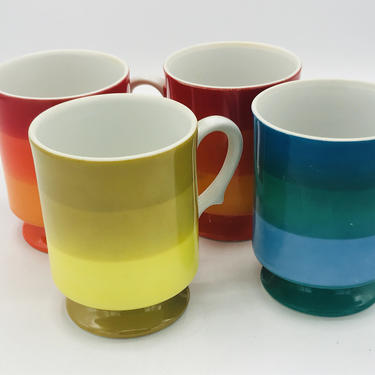 Vintage Set of (4) Holt Howard Blue Green  Orange Striped 1966 Howard-Holt Porcelain Coffee Mugs/Japan 