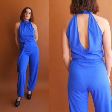 Vintage 80s Cobalt Blue Jumpsuit/ 1980s Halter Keyhole Jersey Jumpsuit/ Size Medium 