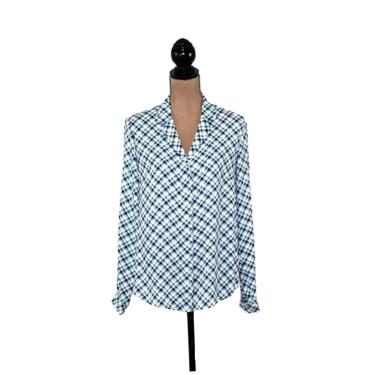 Blue & White Plaid Silky Polyester Blouse Women Medium, Collared Button up Shirt, Long Sleeve Top, Y2K Clothes from Jones New York Size 10 