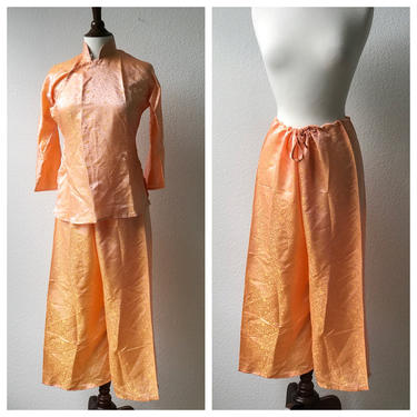 Vintage orange sunrise silk mandarin collar qipao pajama set sz xs 