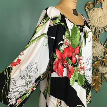1970s blouse, vintage tunic top, size medium, Teddi of california, tropical print, tie neck, pullover, retro style, 38 bust, black and white 