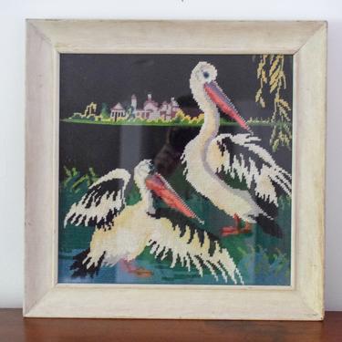 Vintage Framed Pelican Needlepoint Artwork 