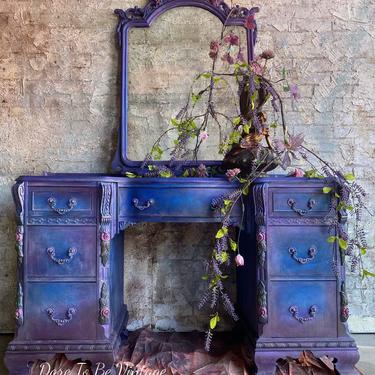 Hand Painted Bohemian Vanity Desk Purple Blue ~ Bohemian Vanity - Vintage Makeup Vanity - Dressing Table ~ Floral- Painted Furniture 