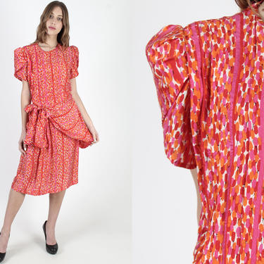Vintage 80s Bright Cherry Print Dress Colorful 1980s Silk Dress Tulip Puff Sleeve Sarong Style Wrap Party Mini Dress 