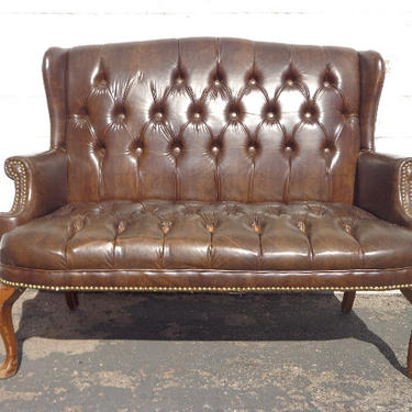 Leather Sofa Loveseat Settee Bench Wingback Tufted Armchair Chesterfield Handsome Rustic Chippendale Mid Century English Lounge Seating 