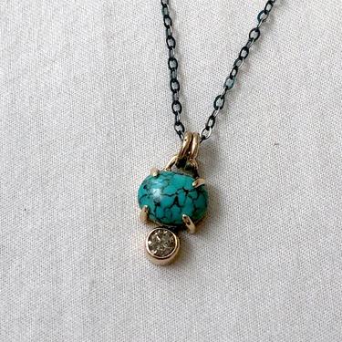 Turquoise and Diamond Pendant in Handmade 14k yellow Gold Setting on Black Chain 