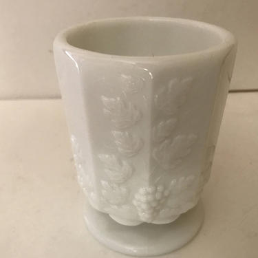 Vintage White Milk Glass Westmoreland  pedestal Vase Grape Leaf Pattern- Nice 