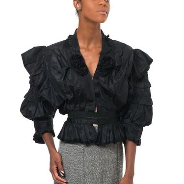 Edwardian Black Silk Taffeta  Dramatic Ruffled Puff Sleeve Blouse Some Shattering But Wearable 