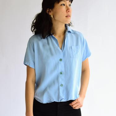 Vintage Blue Rayon Blouse with flame embroidery | Small Shirt | 