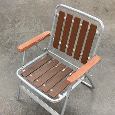 Vintage Lawn Chair Retro 1960s Mid Century Modern + Slatted + Redwood + Silver Aluminum Frame + Folds Up + Outdoor Seating + Patio Furniture 
