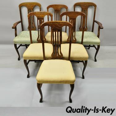 Antique Victorian Tiger Oak Carved Paw Foot Slat Back Dining Chairs - Set of 6