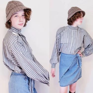 1980s Gray Striped Button Down Shirt Epaulettes / 80s Long Sleeved Blouse by Laurel Escada / M L / Yura 