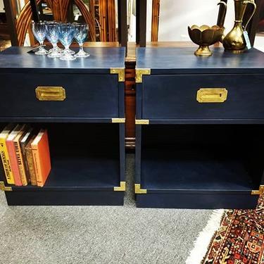                   Pair of reclaimed campaign style end tables w/ original refurbished hardware