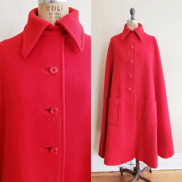 1960s Red Wool Cloak Frances Heffernan / 60s Button Down Collared Mod Cape Coat with Pockets / Medium 