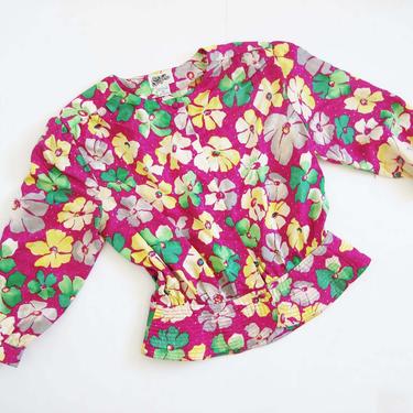 Vintage 80s Floral Silk Blouse L - 1980s Pink Green Silk Peplum Top - 80s Clothing - Colorful Flower Print Long Sleeve Silk Shirt 