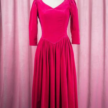 Vintage 80s Laura Ashley Gorgeous Low Back Magenta Velvet Dress with Covered Buttons, Puff Sleeves, and Pockets! 