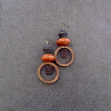 Wooden hoop earrings, natural Afrocentric dangle earrings, earth tone earrings, African earrings, bold statement, unique ethnic earrings 