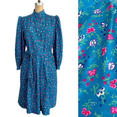 1970s cerulean blue floral dress with elastic waist - The Talbots - size medium 