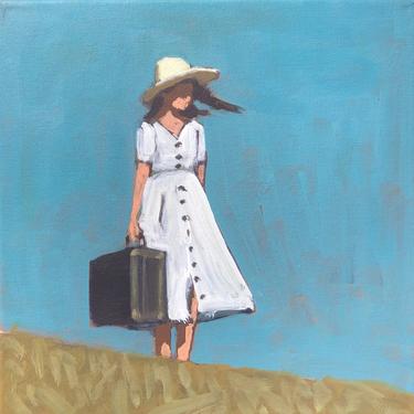Woman in Field #13  |  Original Acrylic Painting on Canvas 10 x 10 |  gallery wall, fine art, sky, grass, dress, white, travel, small 