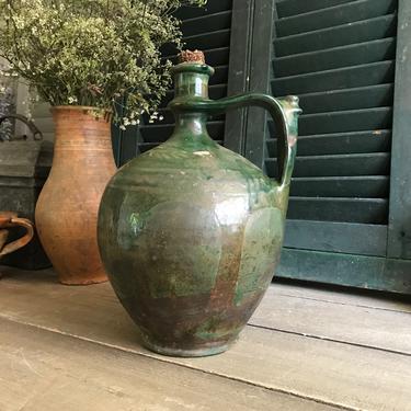 Antique Pottery Jug, Green Glaze Vinegar, Primitive, Terracotta, Rustic European Farmhouse, Farm Table 