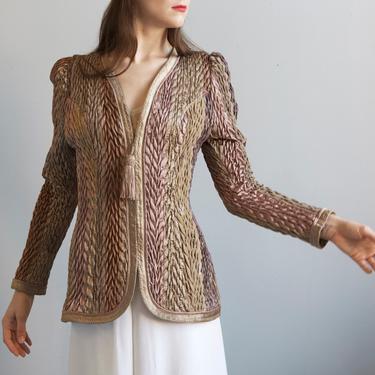bronze ruched quilted blouse jacket / size S  XS 