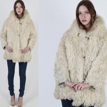 Mongolian Fur Coat / Plush Ivory Tibetan Lamb Jacket / Brown Shaggy Curly Natural Fur Jacket / Bohemian Womens Winter Snow Overcoat 