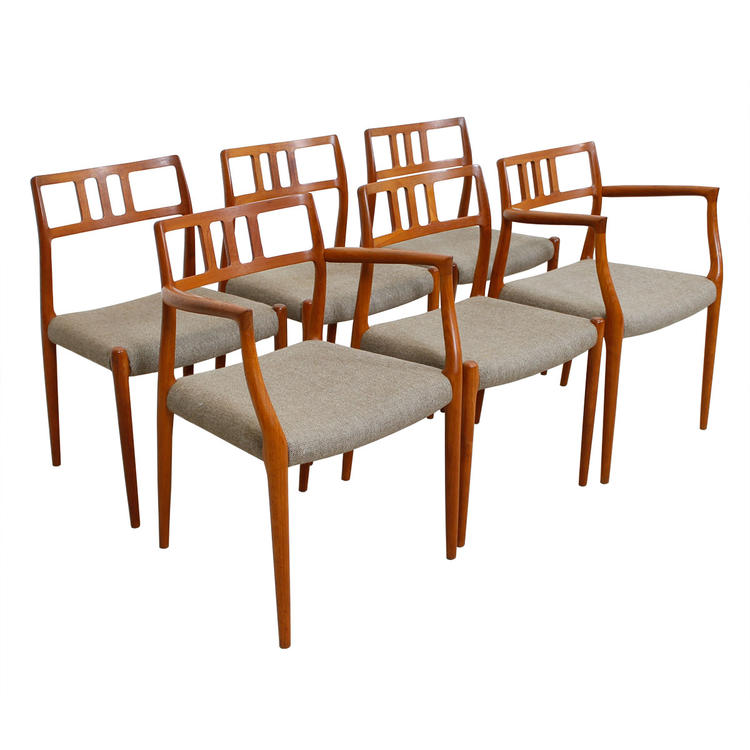 Set of 6 ( 2 Arm + 4 Side) Danish Teak (#64 & #79) Niels Moller Dining Chairs
