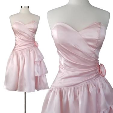 Vintage Satin Dress, Small / 80s Sweetheart Bust Mini Dress / Pastel Pink Prom Dress / 1980s Cocktail Party Dress / Short Pink Ruffled Dress 