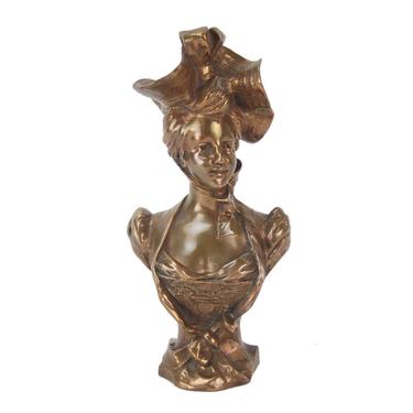 1893 French Bronze Bust Beautiful Woman in Elaborate Hat and Bustier Piquemal 