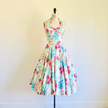 Vintage 1950's Pink Green Floral Cotton Halter Style Fit and Flare Dress Spring Summer Full Skirt Rockabilly Swing Roberta 27&quot; Waist Small 