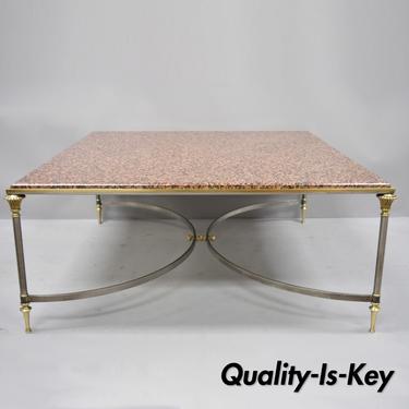 Large Square Pink Marble Top Steel &amp; Brass Coffee Table Attr. Maison Jansen