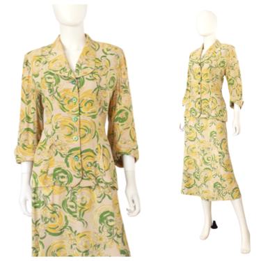 1940s Yellow & Green Floral Novelty Print Cold Rayon Suit - 1940s Cold Rayon Suit - 1940s Floral Suit - 40s Suit | Size Large / Extra Large 