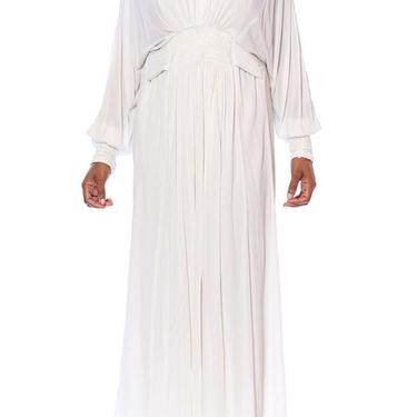 1980S White Viscose Jersey Draped Goddess Kaftan Gown With Sequins 