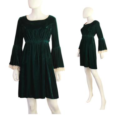 1960s Hunter Green Velvet Dress with Bell Sleeves - Vintage Velvet Dress - 1960s Holiday Dress - Vintage Green Velvet Dress | Size Small 