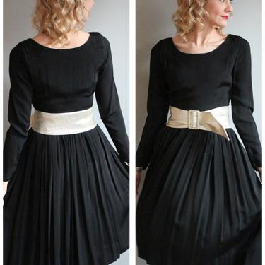 1950s Dress // Black Rayon Cocktail Dress with Silver Lurex Belt // vintage 50s dress 