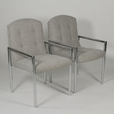 Pair Of Mid-Century Chrome and Gray Fabric Upholstered Arm Chairs
